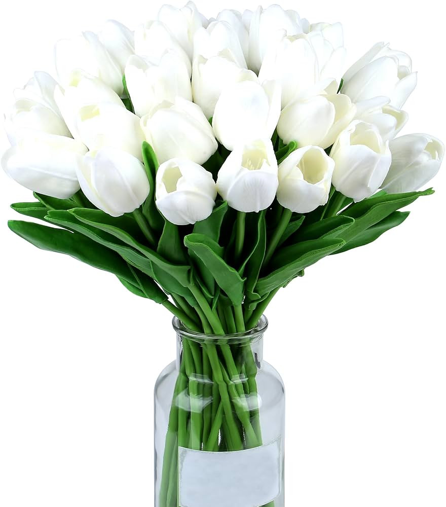 15pcs White Flowers Artificial Tulips Fake Silk Flowers 14" in Bulk Home Kitchen Mother's Day Spr... | Amazon (US)