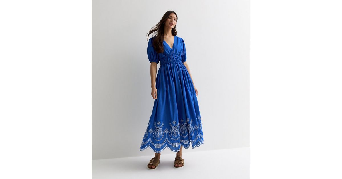 Bright Blue Cotton Broderie Hem Midi Dress | New Look | New Look (UK)
