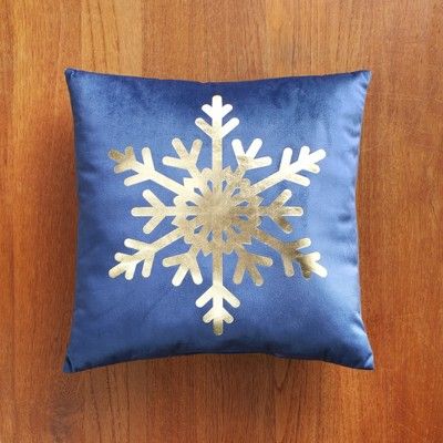 Lakeside Decorative Blue Holiday Accent Pillow with Golden Snowflake Print | Target