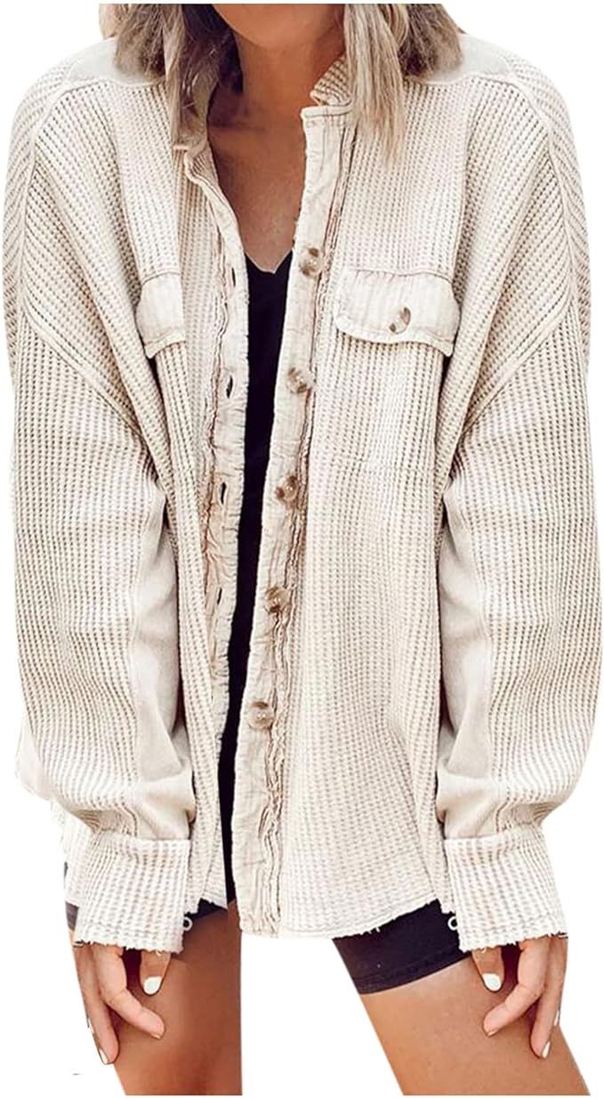 Amazon.com: Shacket Jacket Women Winter Long Sleeve Button Shirts Tops Plus Size Cardigan Plaid O... | Amazon (US)