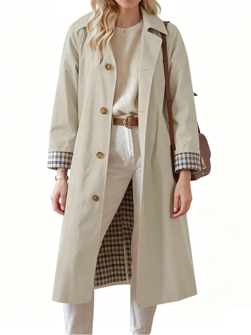 Spring Fall Women Plaid Patchwork Long Sleeved Single Breasted Casual Trench Coat | Walmart (US)