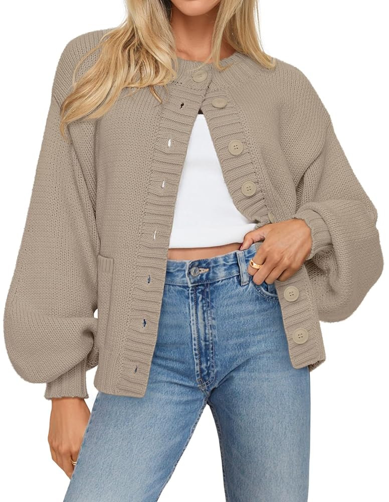 MEROKEETY Women's Fall Long Lantern Sleeve Cardigan Sweaters Casual Button Down Crewneck Open Fro... | Amazon (US)