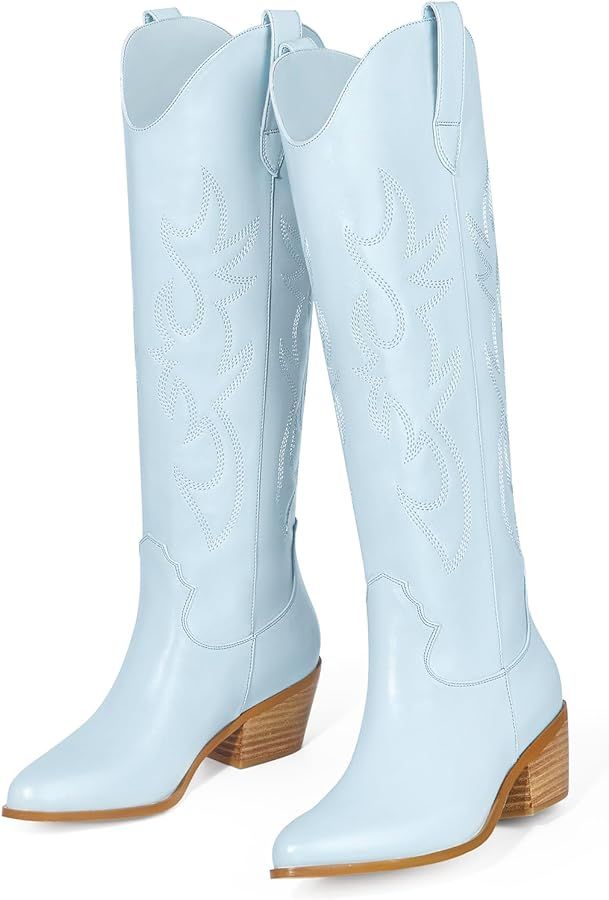 Ouepiano Cowboy Boots for Women Knee High Wide Calf Cowgirl Boots Embroidered Chunky Heels Pointe... | Amazon (US)