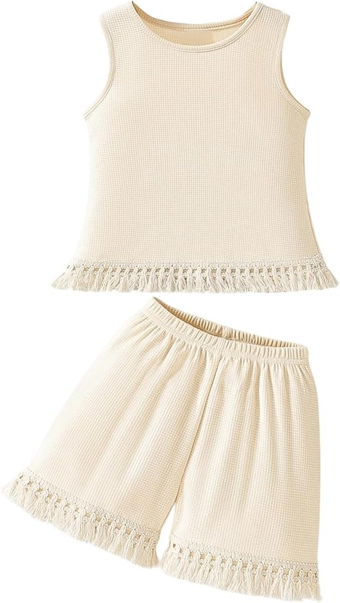 Toddler Girl's 2 Pieces Outfit Fringe Hem Crew Neck Tank Top and Elastic Waist Shorts Set | Amazon (US)