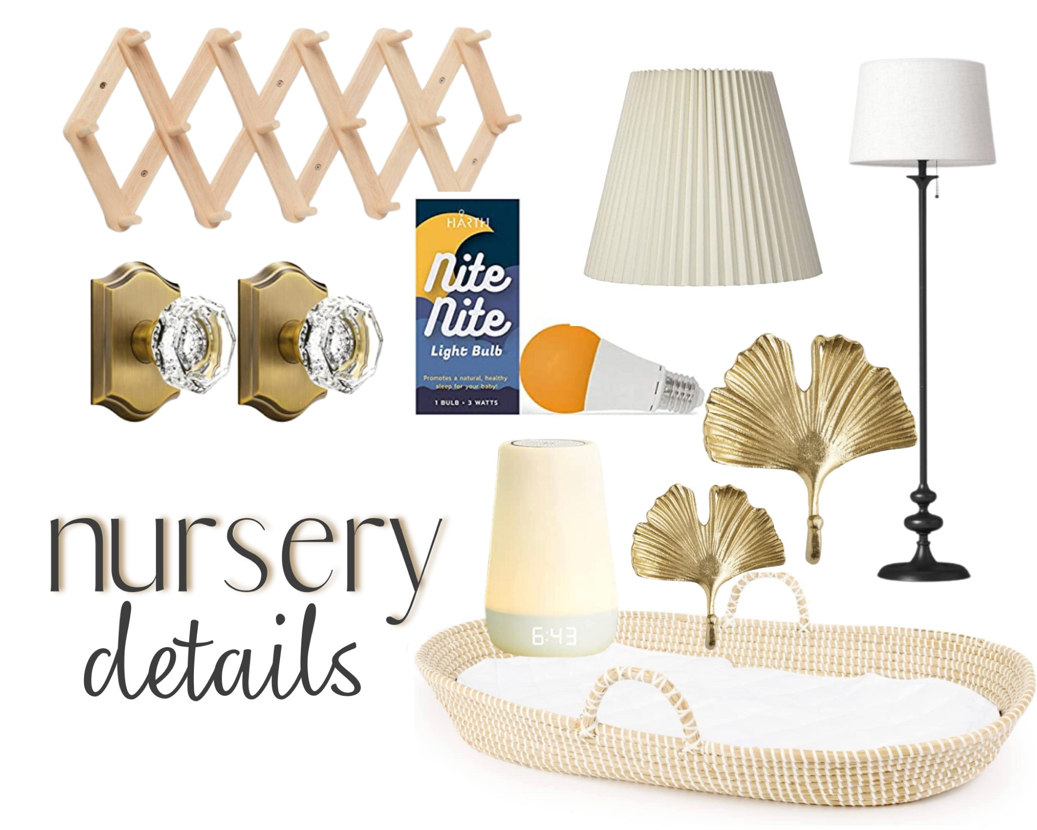 Gender neutral nursery details
Accordion hooks
Vintage crystal doorknobs
Night light
Hatch sound machine
Moses even changing basket
Pull cord black floor lamp


#LTKbaby #LTKhome #LTKfamily