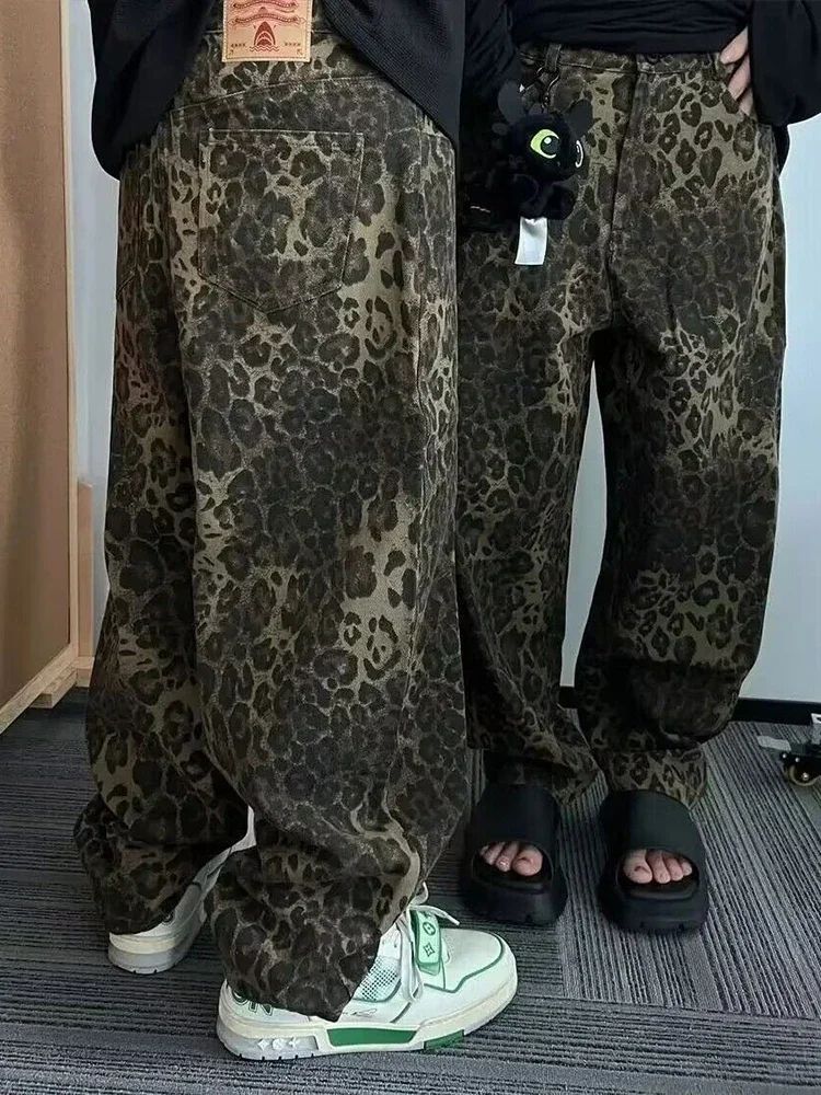 22.06US $ 12% OFF|HOUZHOU Tan Leopard Jeans Men Denim Pants Male Oversize Wide Leg Trousers Stree... | AliExpress (US)