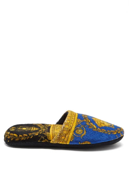Versace - Baroque-print Cotton-terry Slippers - Mens - Blue Gold | Matches (US)