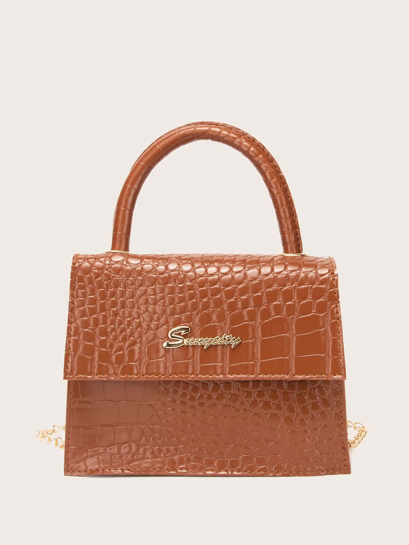 Metal Letter Decor Crocodile Satchel Bag | SHEIN