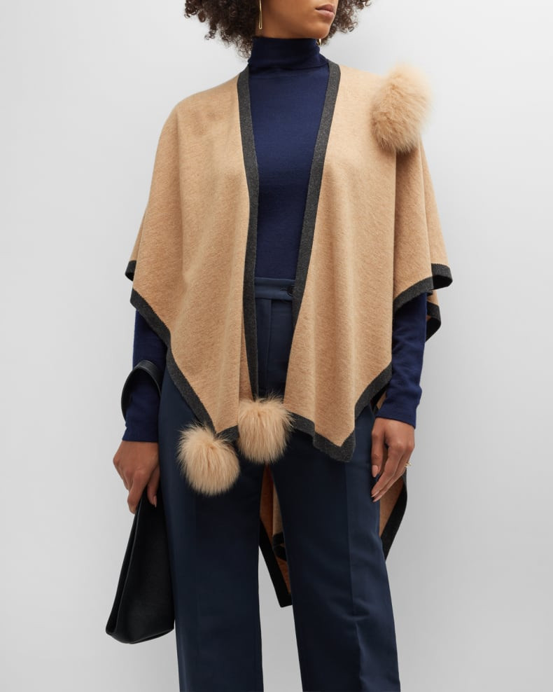 Kelli Kouri Woven Cashmere Wrap With Fox Fur Poms | Neiman Marcus