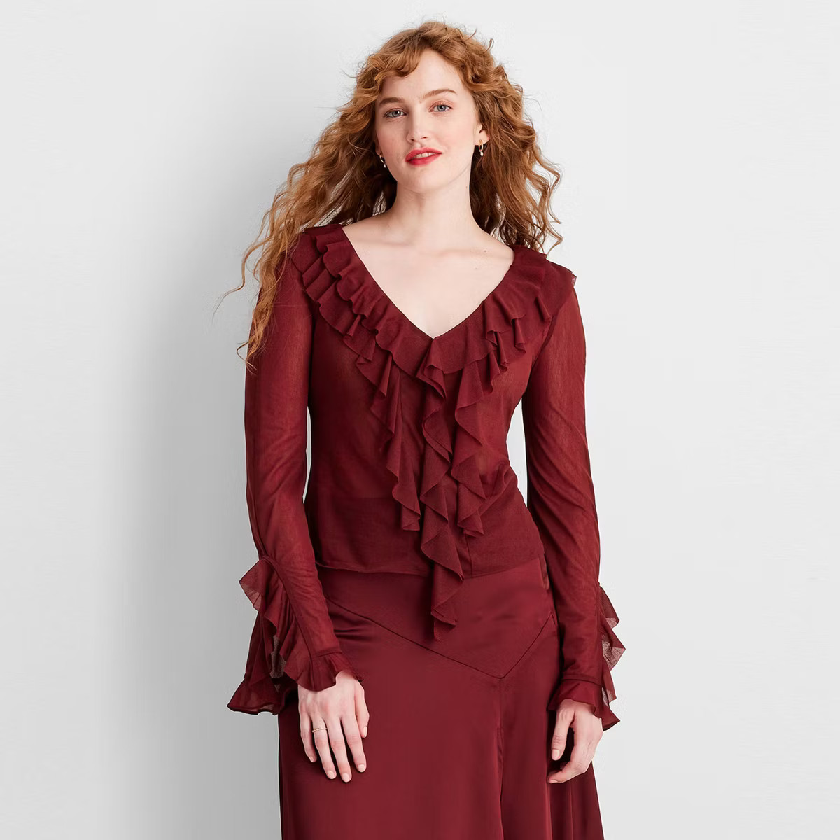 Women's Ruffle Long Sleeve V-Neck Blouse - Future Collective Burgundy S | Target