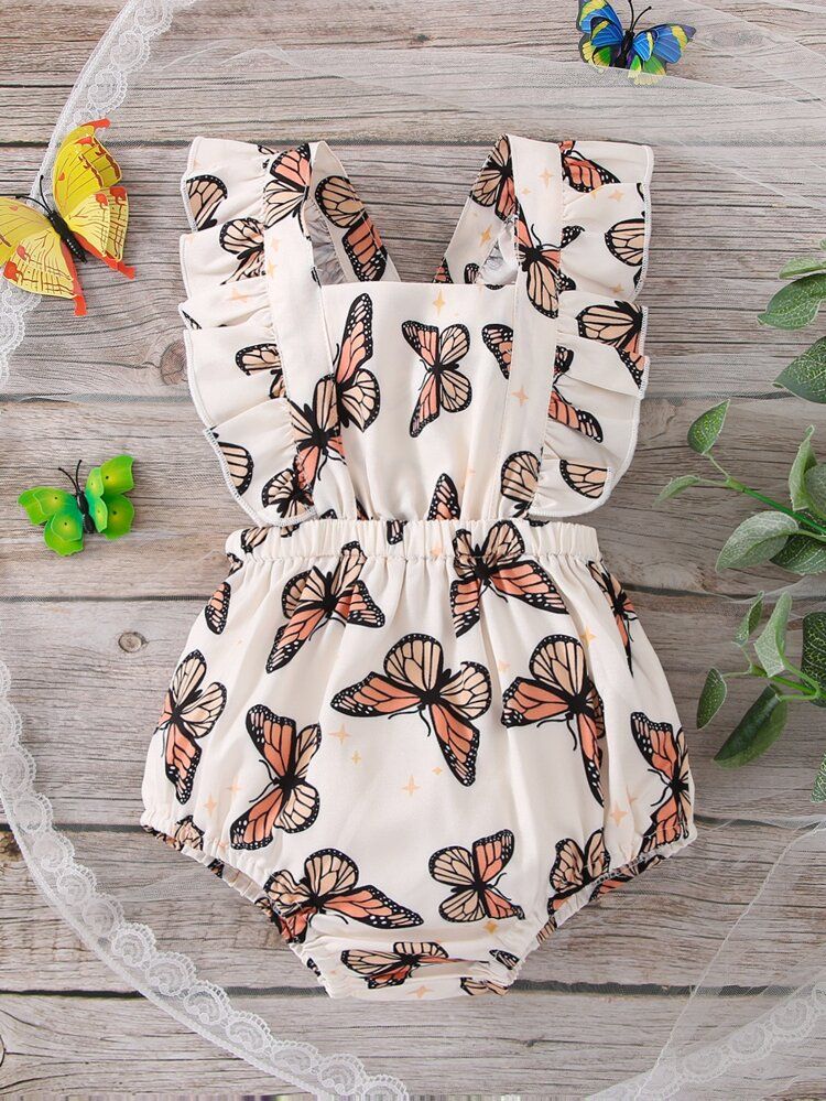 Baby Butterfly Print Ruffle Trim Square Neck Crisscross Back Bodysuit | SHEIN