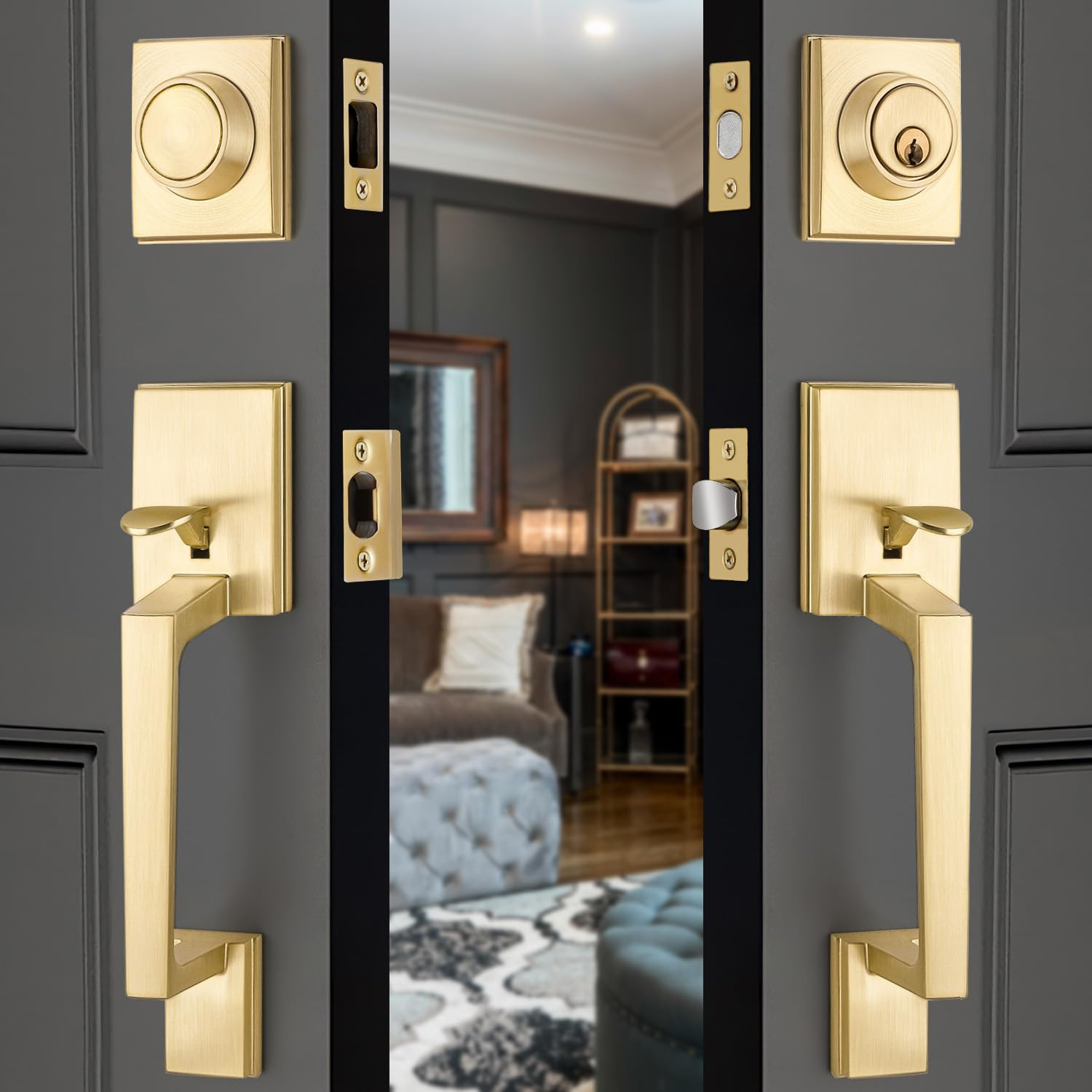 EHOMEWARE Double Front Door Handle Set, 1 Pack Satin Brass Square Door Lever, Exterior Door Knob ... | Amazon (US)