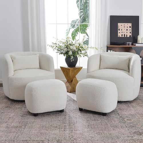 KINWELL 34" Wide 2 Boucle Swivel Barrel Chairs and 2 Ottomans Set, Fully Assembled Sherpa Accent Chairs and Footrest Set, Modern Comfy Armchairs and Footstool for Living Room and Bedroom, Beige | Amazon (US)