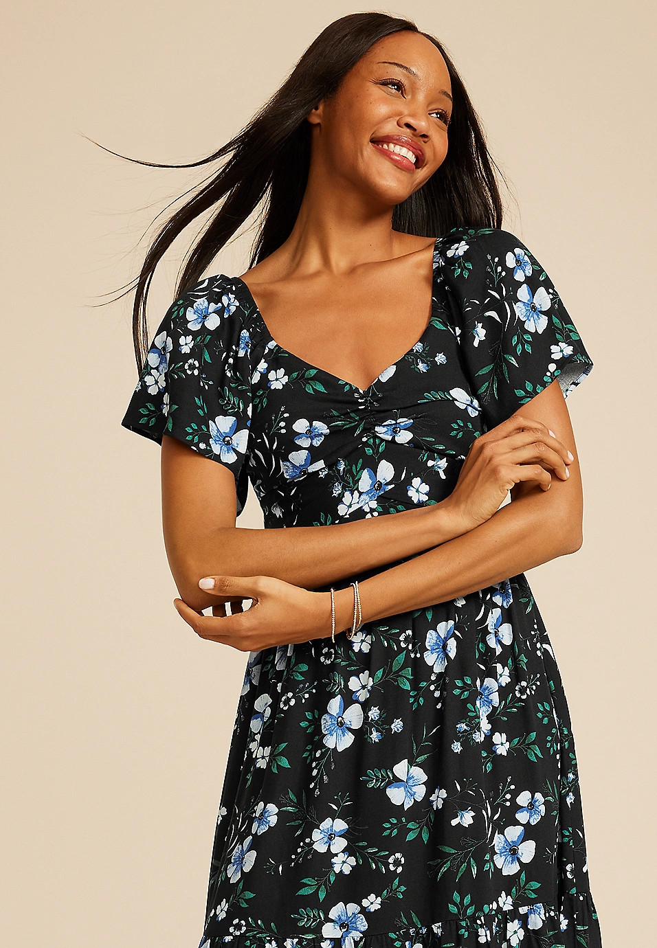 Floral Short Sleeve Tiered Midi Dress | Maurices