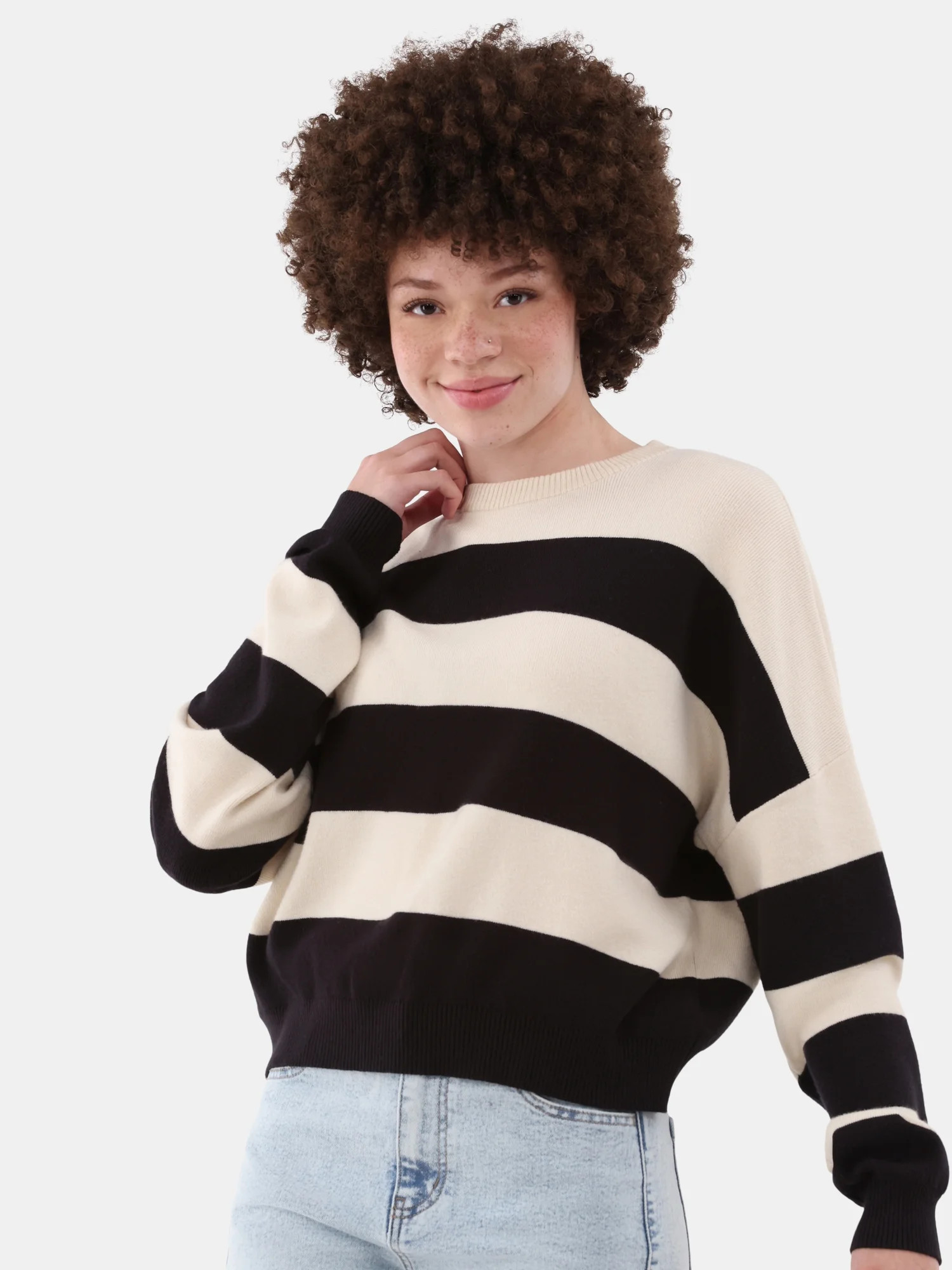 No Boundaries Striped Sweater with Long Sleeves, Midweight, Women’s - Walmart.com | Walmart (US)