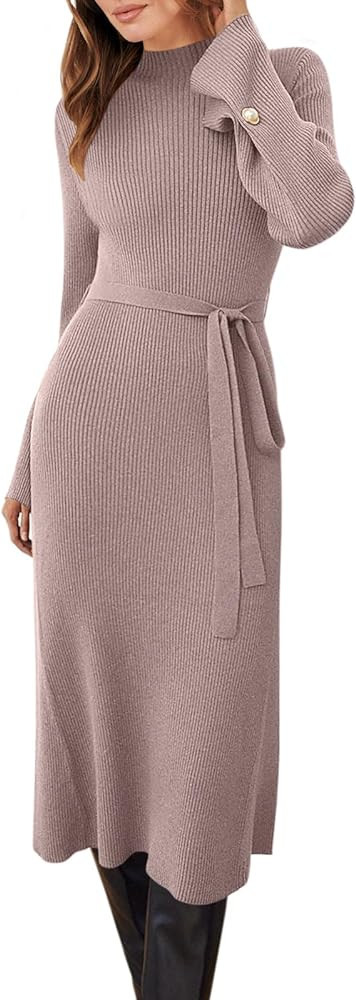 Caracilia Women's Bell Long Sleeve Sweater Dress Turtleneck A Line Bodycon Ribbed Knit Pullover M... | Amazon (US)
