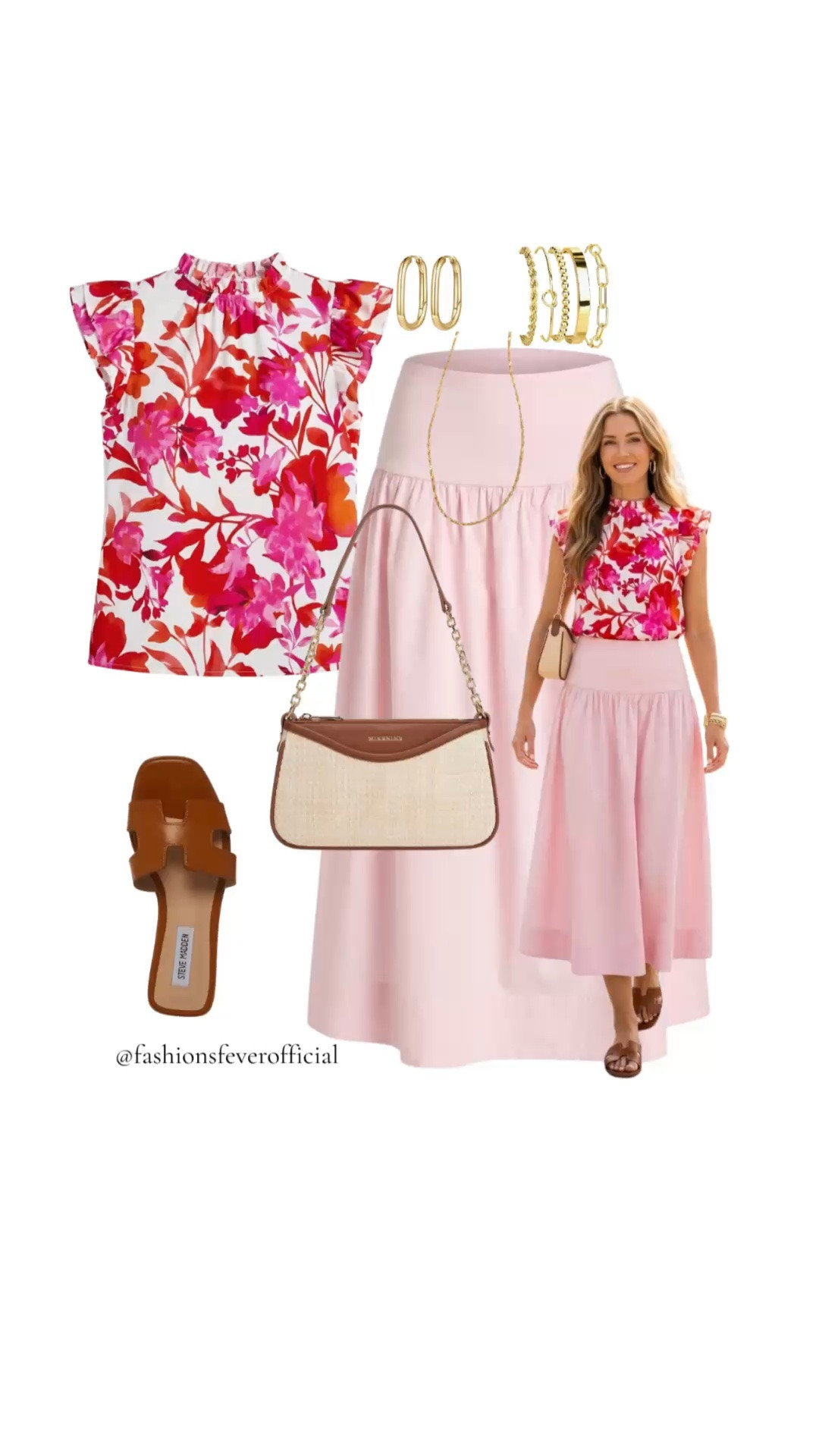 The ultimate elevated casual summer outfit formula for your next vacation, brunch, or warm-weather weekend! This chic, high-low look features a stunning pink drop-waist midi skirt paired beautifully with a vibrant fuchsia and coral floral mock-neck ruffle blouse to perfectly capture that effortless, quiet luxury resort aesthetic. Styled with timeless investment-inspired essentials, the outfit is anchored by classic brown leather Steve Madden H-slide sandals and a textured woven raffia shoulder bag that adds the perfect touch of coastal-chic texture. Complete with delicate gold jewelry, including stacked gold chain bracelets, classic oval hoop earrings, and a dainty layerable gold chain necklace. This outfit is a must-have addition to your summer capsule wardrobe.

#LTKstyletip #LTKtravel #SummerOutfitIdeas #DropWaistSkirt #ResortWear #SteveMadden #ElevatedCasual #QuietLuxury #CapsuleWardrobe #SummerFashion2026 #VacationStyle #ChicOutfits #FloralBlouse

#LTKsummer #LTKmodest