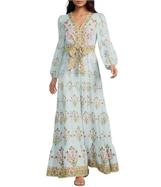A Loves A Woven Floral Print Deep V-Neck Long Bubble Sleeve Tiered A-Line Flounce Maxi Dress | Di... | Dillard's