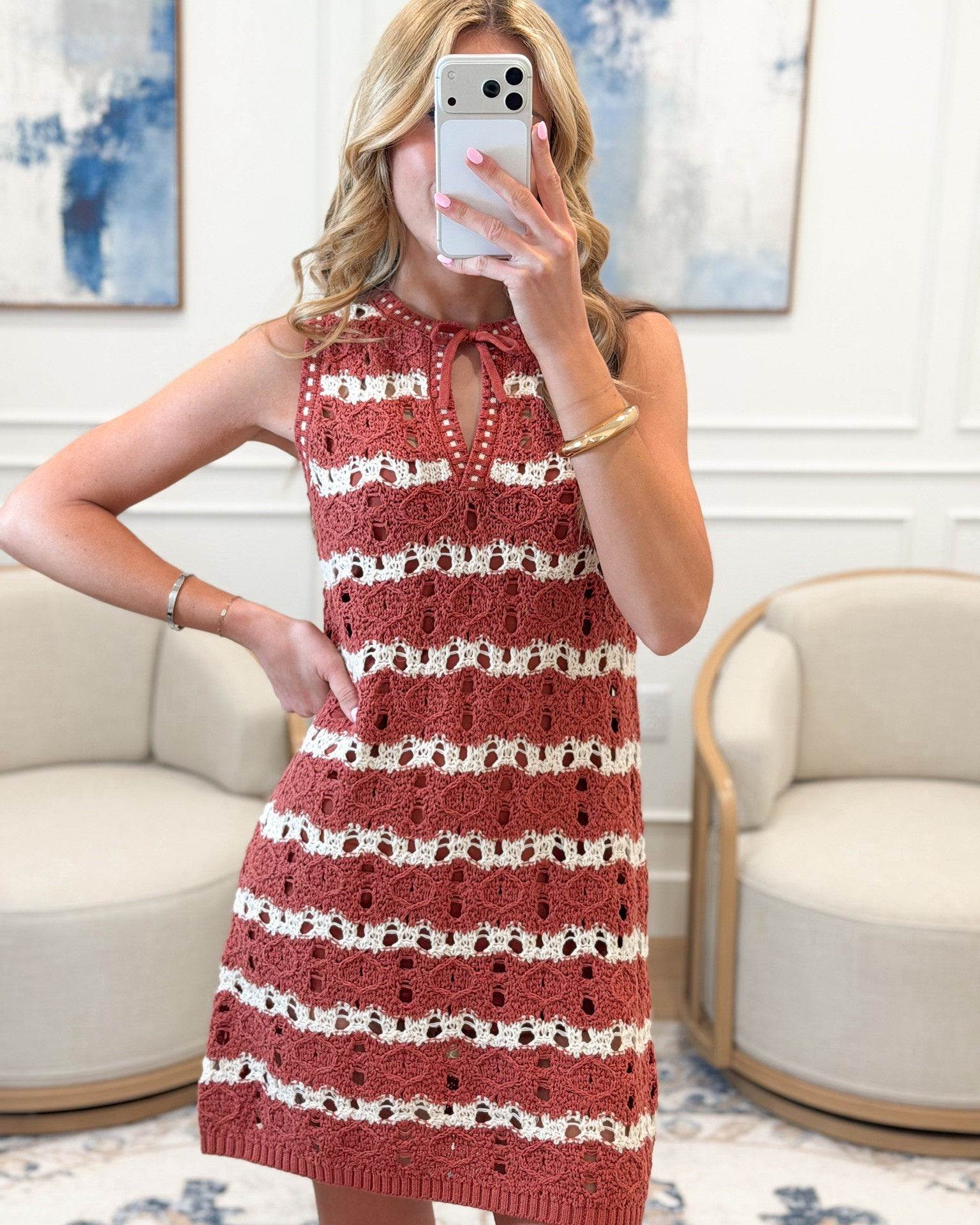 @Target new arrivals and the prices on these summer finds are genuinely incredible 🤍☀️✨ This striped crochet mini dress is $38 — keyhole tie neckline, pearl trim detail, open lace pattern — wearing rust but it also comes in navy blue. Both colors are so good. Everything is linked right here for you!

#LTKSeasonal #LTKootd #LTKSwim