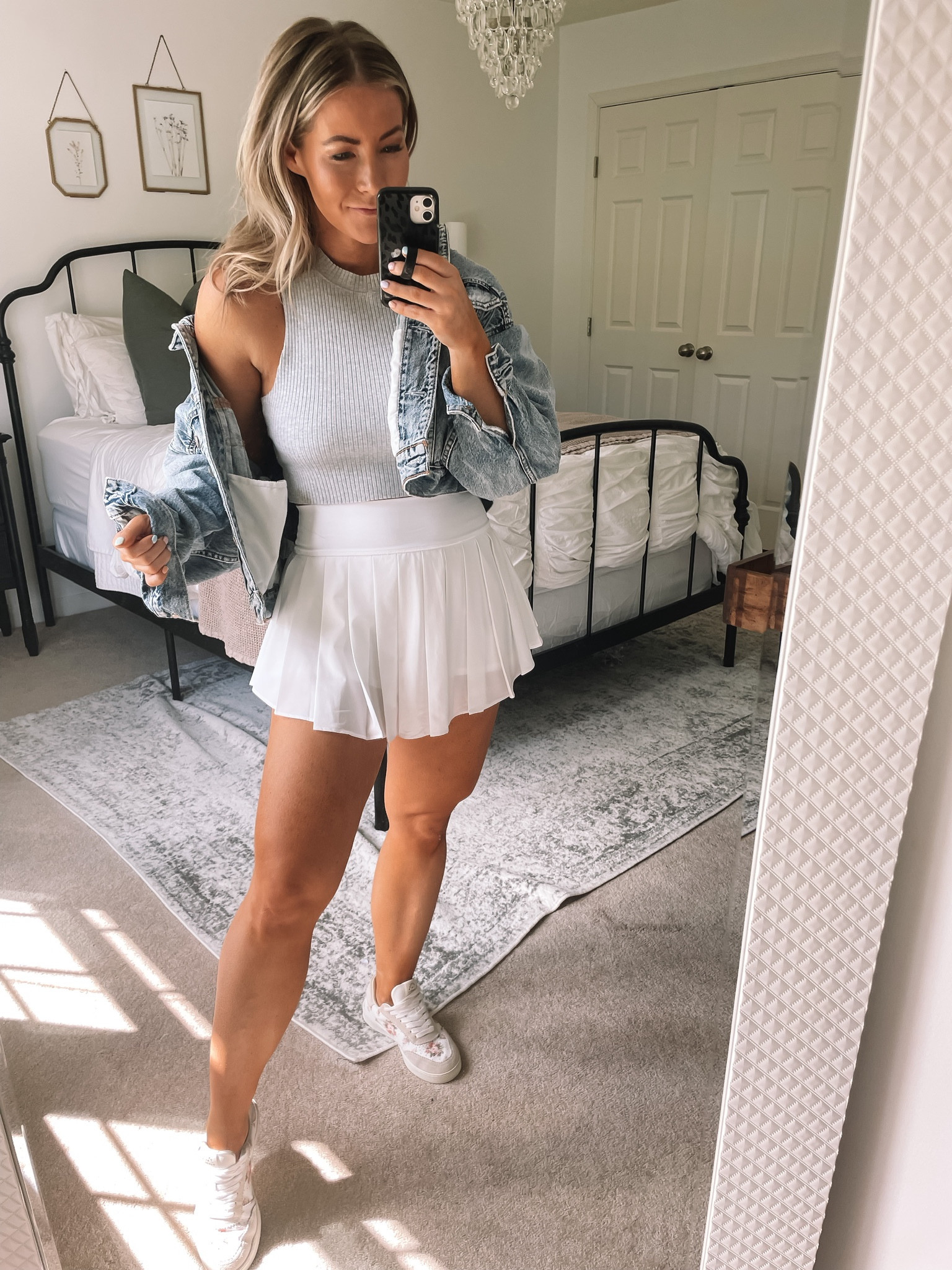 Aerie tennis skirt, AE cropped denim jacket, H&M ribbed tank top, Adidas sneakers 

#LTKsalealert #LTKSale #LTKfit