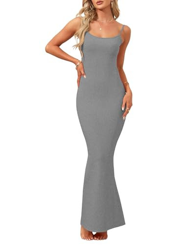 AUSELILY Womens Slip Maxi Dress Sexy Bodycon Dresses Sleeveless Square Neck Long Dress, Grey M | Amazon (US)
