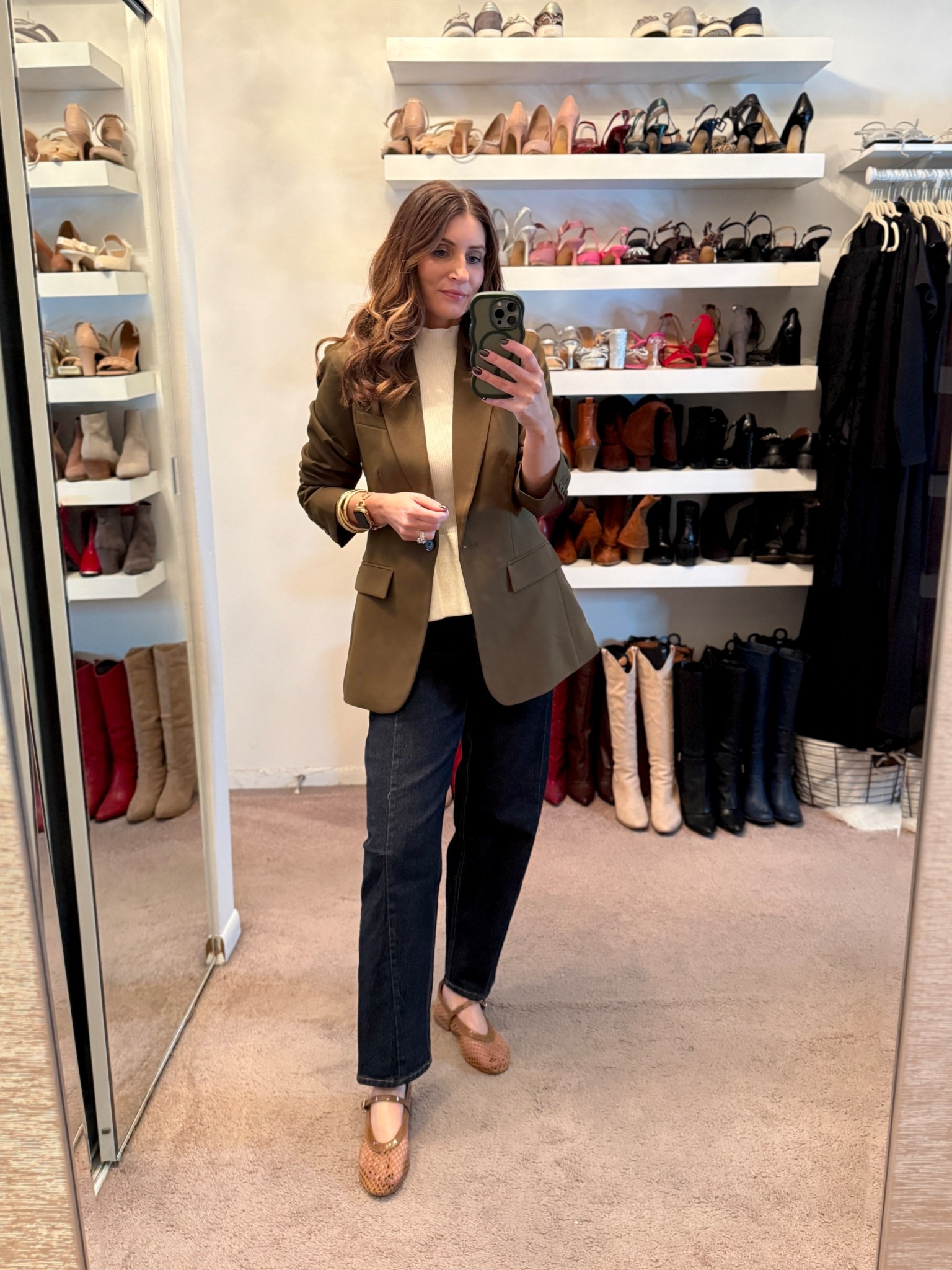What I wore to work today, workwear outfit, casual outfit, army green blazer, sleeveless peplum sweater on sale, dark wash barrel leg jeans under $30, brown mesh ballet flats, gold chunky earrings, easy outfit  

Spring outfits 2026
Work outfits
Business casual workwear 


#LTKSaleAlert #LTKWorkwear #LTKootd
