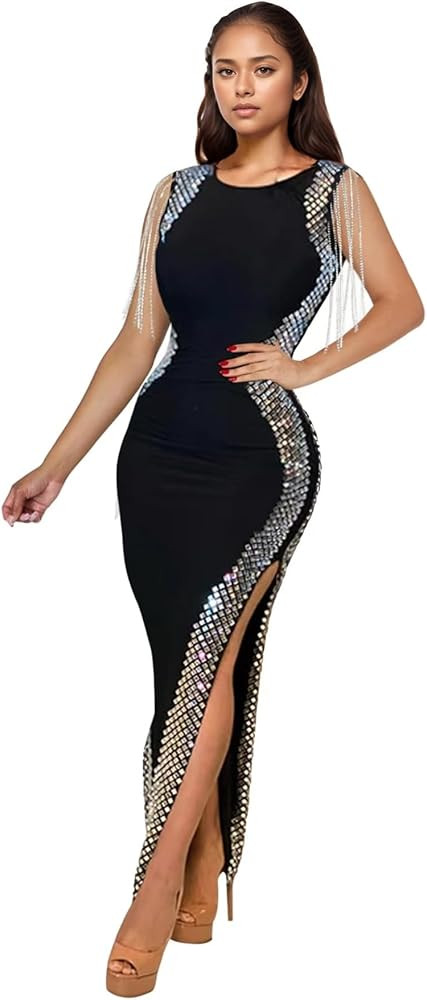 PORRCEY Women's Sexy Elegant Rhinestone Mesh See Through Bodycon Party Club Night Prom Dress | Amazon (US)