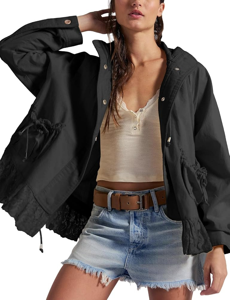 Womens Lace Trim Utility Jacket Lightweight Relaxed Casual Coat with Snap Closure for Summer Spri... | Amazon (US)