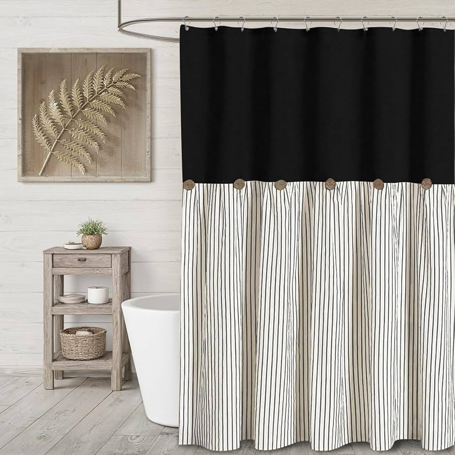 Farmhouse Shower Curtain Linen Blcak Button Woven Fabric Country Rustic Western, Pleated Black St... | Amazon (US)
