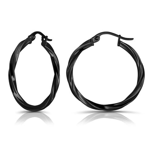 Black Rhodium Flashed Silver Twist Round Hoop Earrings, 30mm | Amazon (US)
