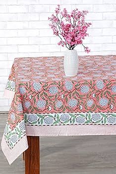 Ridhi -Dark Salmon Cotton Tablecloth, Handblock Print Floral Table Cloth for Kitchen Dining Linen... | Amazon (US)