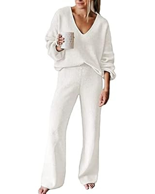 Viottiset Women's 2 Piece Outfits Casual V Neck Knit Wide Leg Sweater Lounge Set Sweatsuit | Amazon (US)