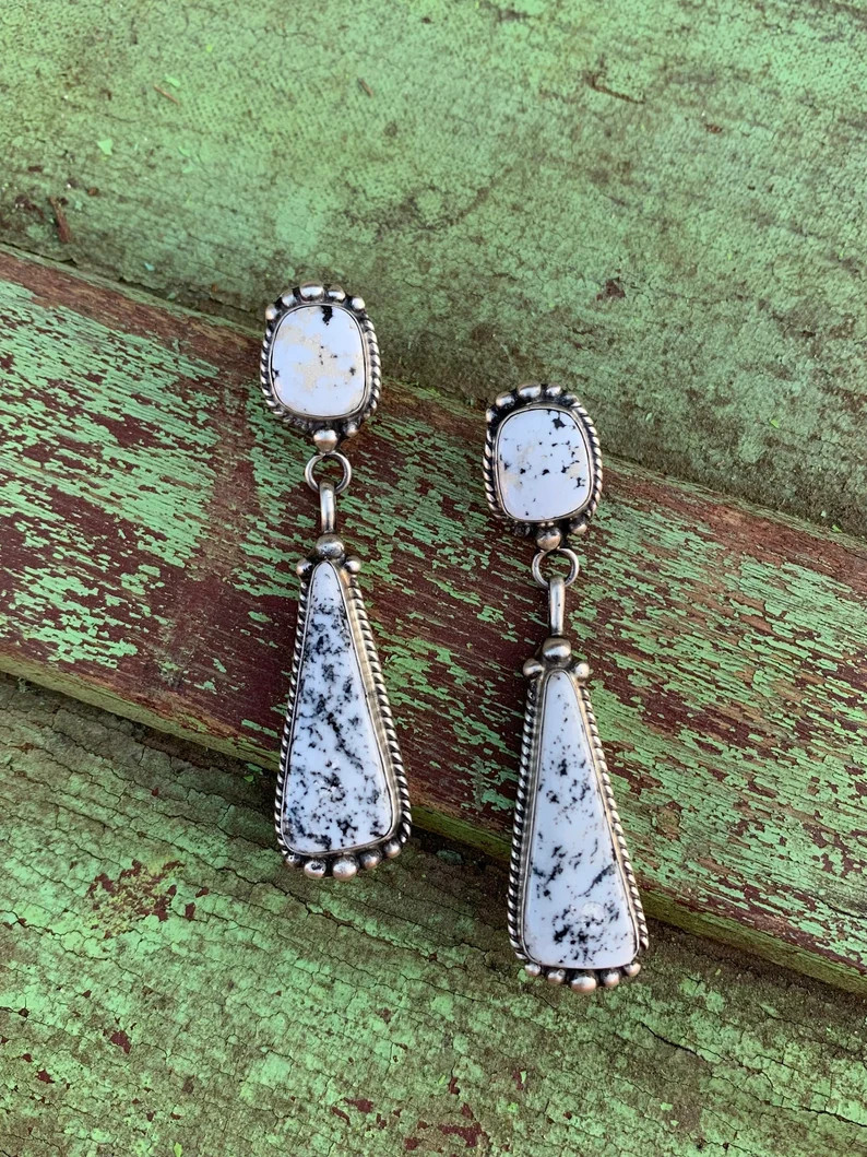White Buffalo Post Long Earrings Sterling Silver Navajo - Etsy | Etsy (US)