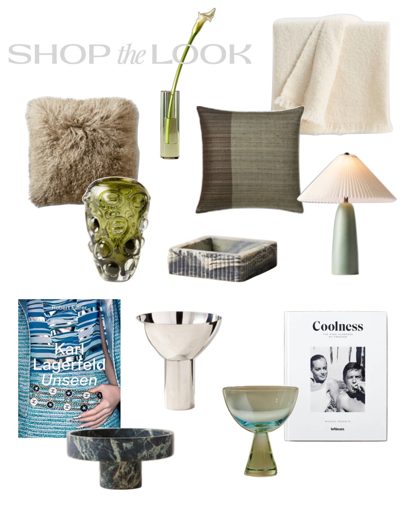 Modern accessories for an apartment design including a mohair blanket, olive throw pillow, lamp with pleated shade, green bubble vase, and stylish coffee table books 

#LTKHome #LTKStyleTip