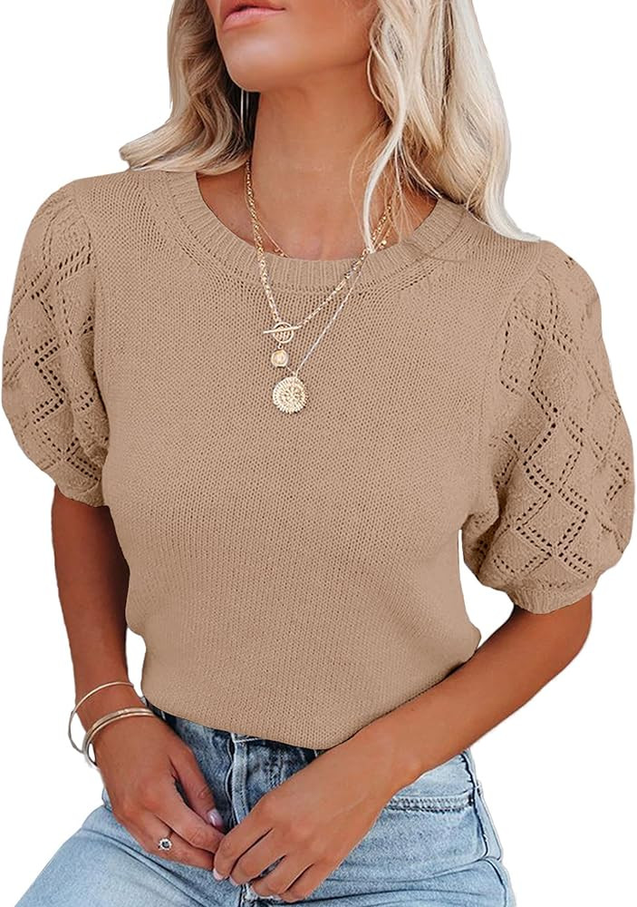 Womens Short Sleeve Sweaters Crewneck Knit Pullover Tops 2023 Fall Casual Lightweight Crochet Blo... | Amazon (US)