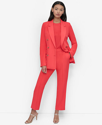 Women's Double-Breasted Peak-Lapel Blazer, Piped Straight-Leg Mid-Rise Pants & Mixed-Media Ribbed... | Macy's