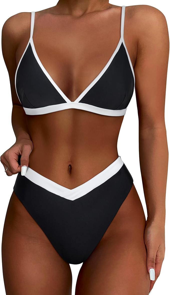 SUUKSESS Women Triangle High Cut Bikini Sets Sexy High Waisted 2 Piece Swimsuit | Amazon (US)