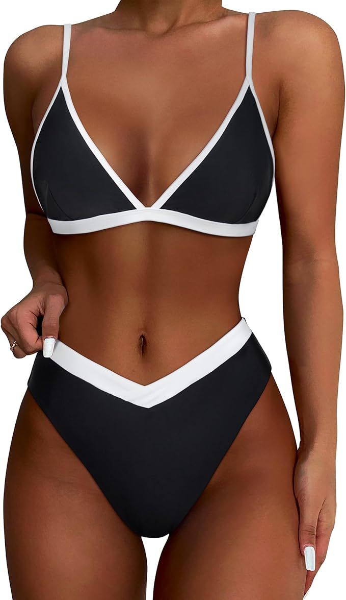 SUUKSESS Women Triangle High Cut Bikini Sets Sexy High Waisted 2 Piece Swimsuit | Amazon (US)