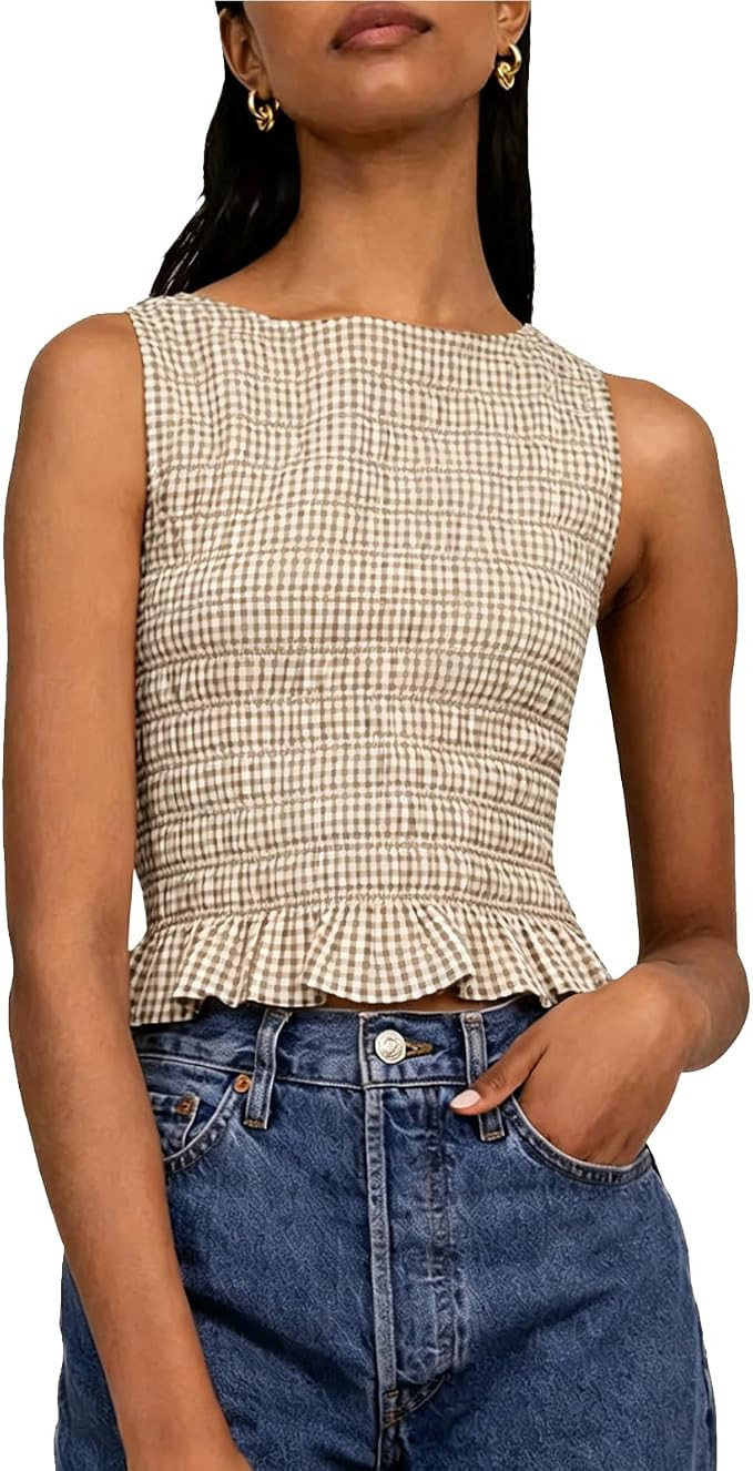 Women Shirred Tank Top Ruffle Sleeveless Tanks Frill Smocked Halter Cami Tops Summer Streetwear | Amazon (US)