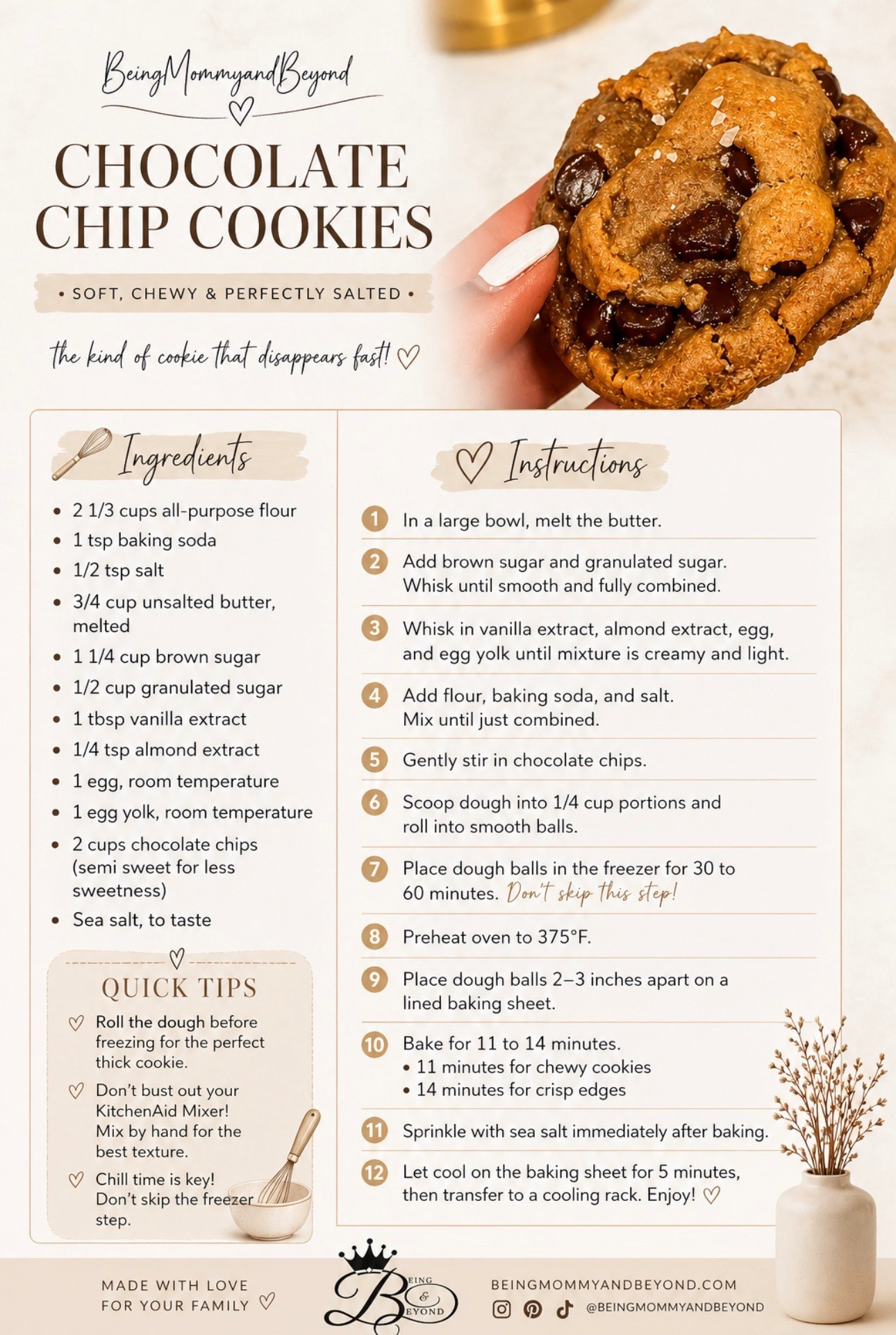 Soft, chewy chocolate chip cookies with sea salt. No mixer needed and comes out bakery perfect every time. Shop what I used here. 🍪  

#LTKMothersDay #LTKHome #LTKfoodie