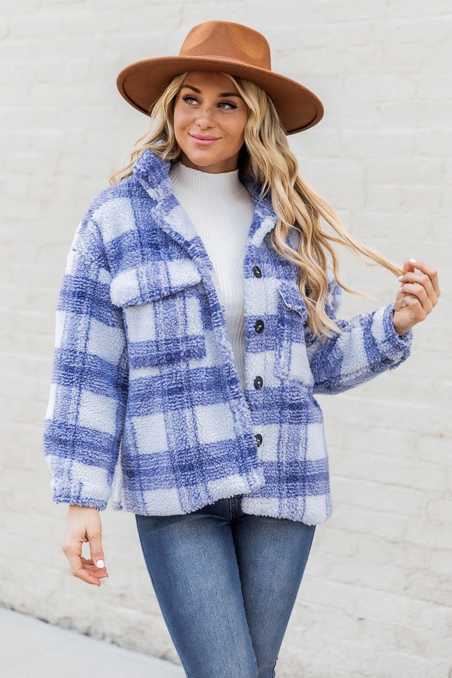 Watch Me Soar Blue Plaid Sherpa Jacket | Pink Lily