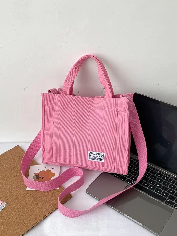 Letter Patched Detail Corduroy Square Bag pink | SHEIN