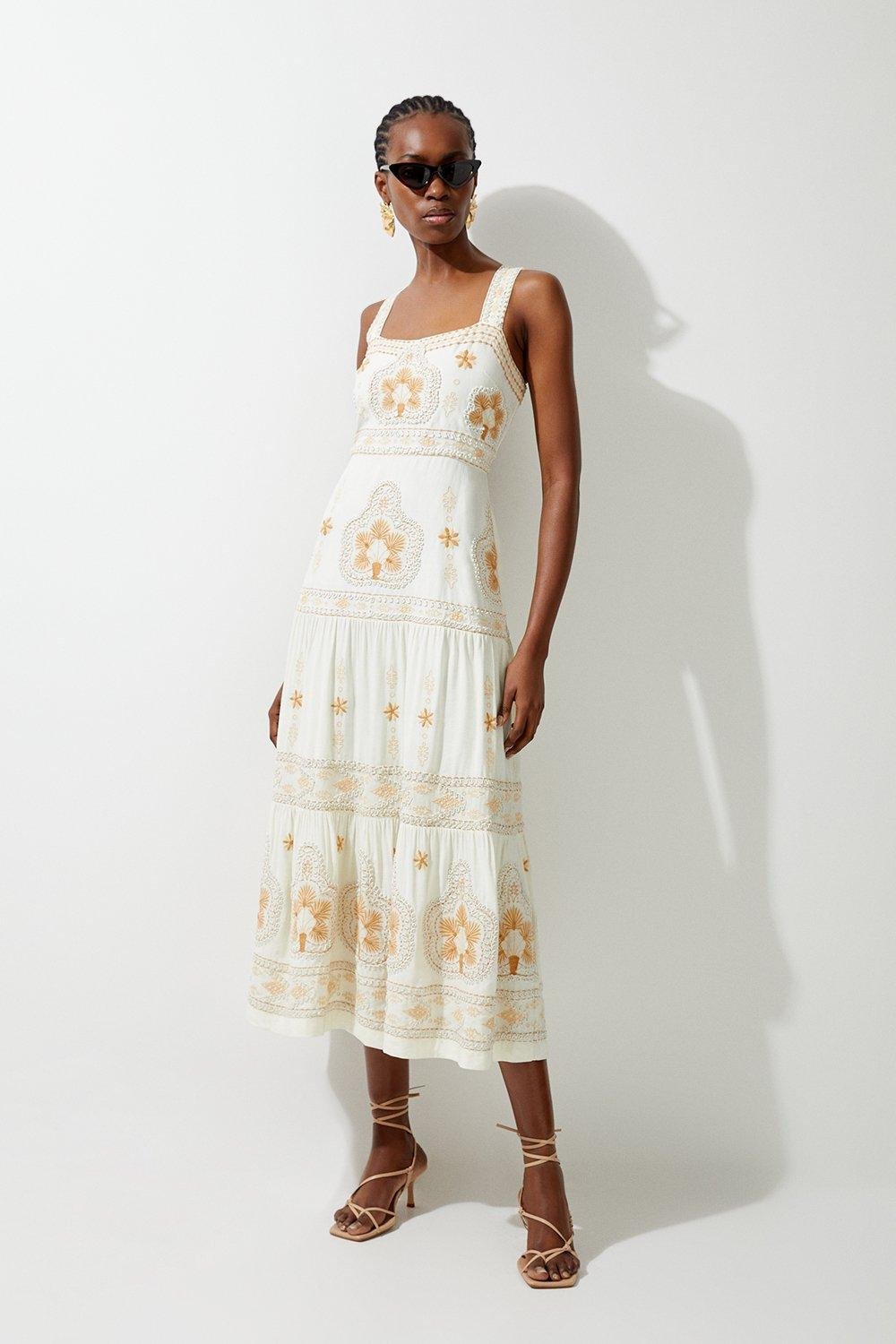 Linen Corded Embroidered Strappy Woven Maxi Dress | Karen Millen UK + IE + DE + NL