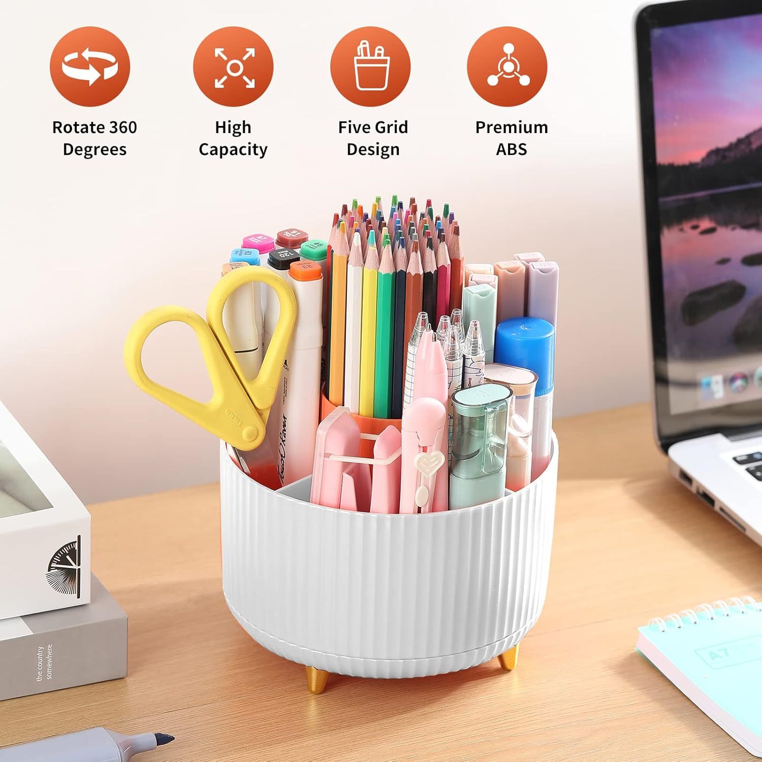 Desk Pencil Pen Holder, 5 Slots 360°Degree Rotating Pencil Pen Organizers for Desk, Desktop Stor... | Amazon (US)