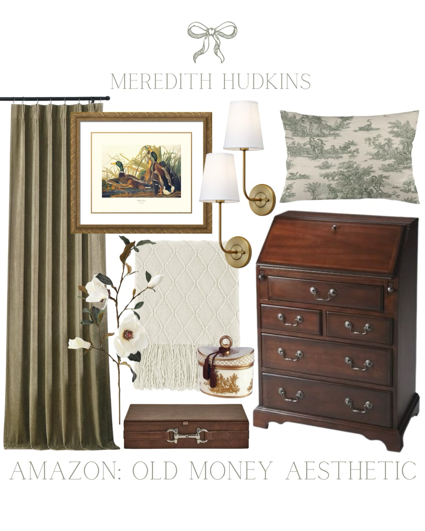 Meredith Hudkins preppy style classic home decor, grandmillennial home decor, velvet curtains, green curtains, wall, sconce, lighting, country, horse, jewelry box, Beaumont, Lane, secretary, wood, desk, pillow, Accent, pillow, furniture, living room, 

#LTKFindsUnder100 #LTKHome #LTKFindsUnder50