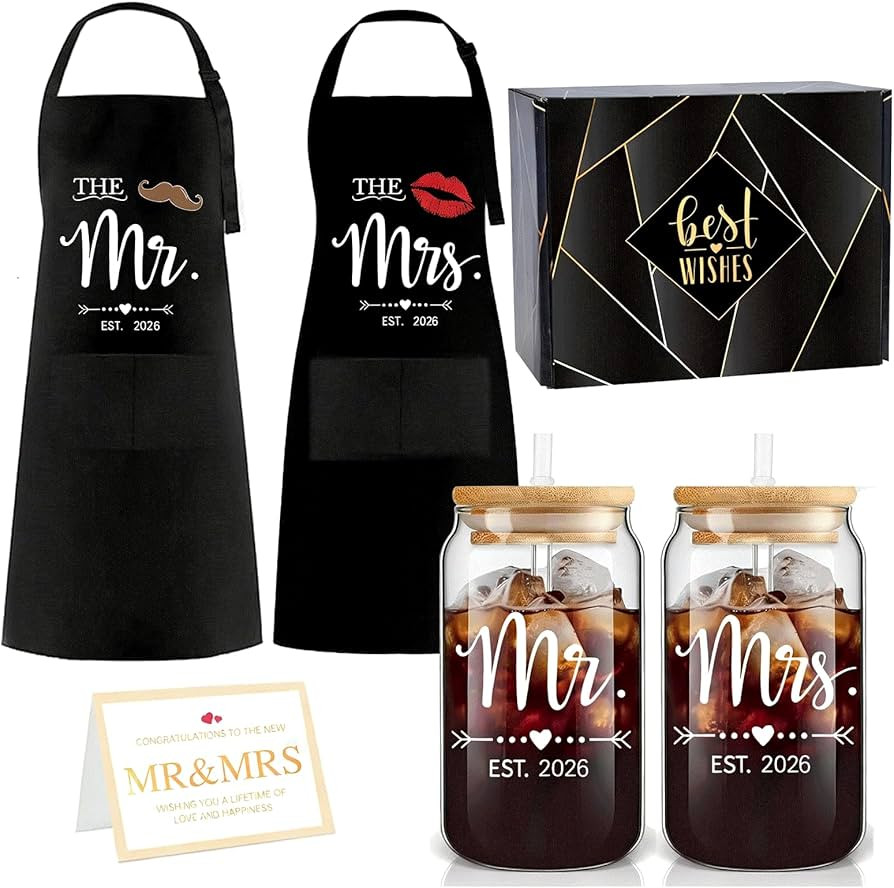 Mr Mrs Est 2026 Glass Cup and Apron Gift Set,Couples Engagement Gift, Bridal Shower Gifts for Cou... | Amazon (US)
