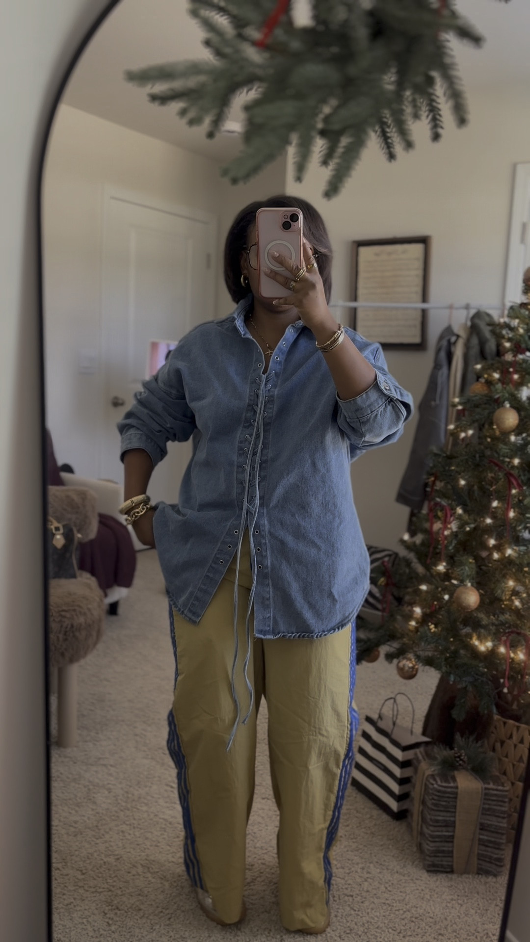 Denim shirt is a Small, very oversized!!

#LTKgrwm #LTKHoliday #LTKStyleTip