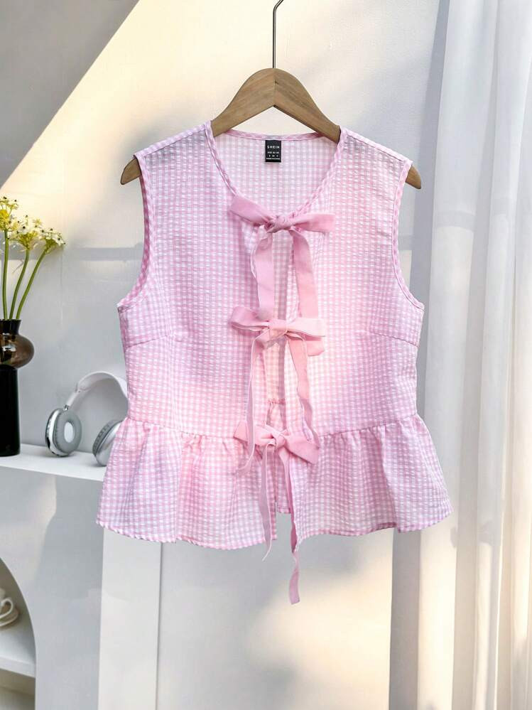 Comfortcana Pink & White Plaid Sleeveless Lace-Up Women Shirt | SHEIN