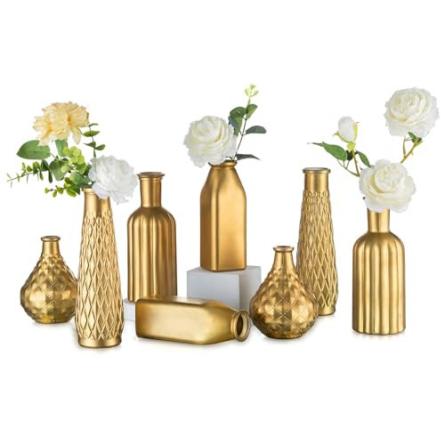 NUPTIO Gold Glass Flower Vase: Set of 8 Small Bud Vases for Flowers Bulk - Vintage Bottles for Wedding Centerpieces for Tables Decor Decorative Home Centerpiece Decorations | Amazon (US)
