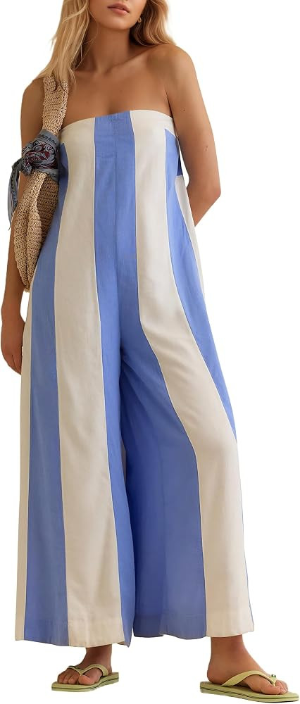 OLAPTA Women Striped Wide Leg Jumpsuits 2025 Summer Casual Strapless Long Rompers Loose Trendy On... | Amazon (US)